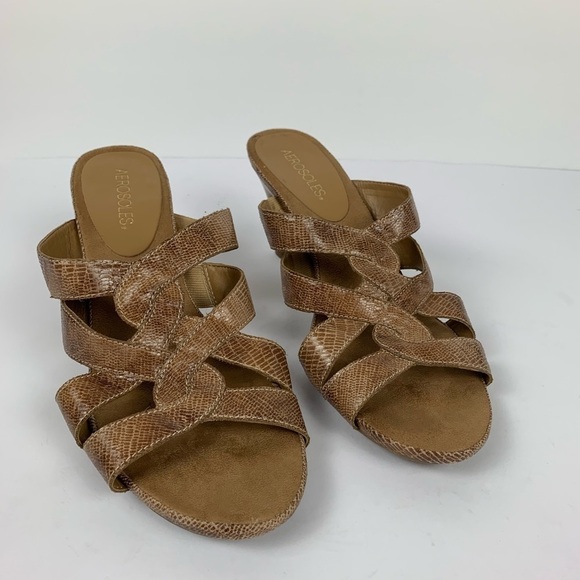 New Aerosole Carmel Snakeskin Heeled Sandals 3.5” Wood Heel Comfortable Size 10 - Picture 7 of 9